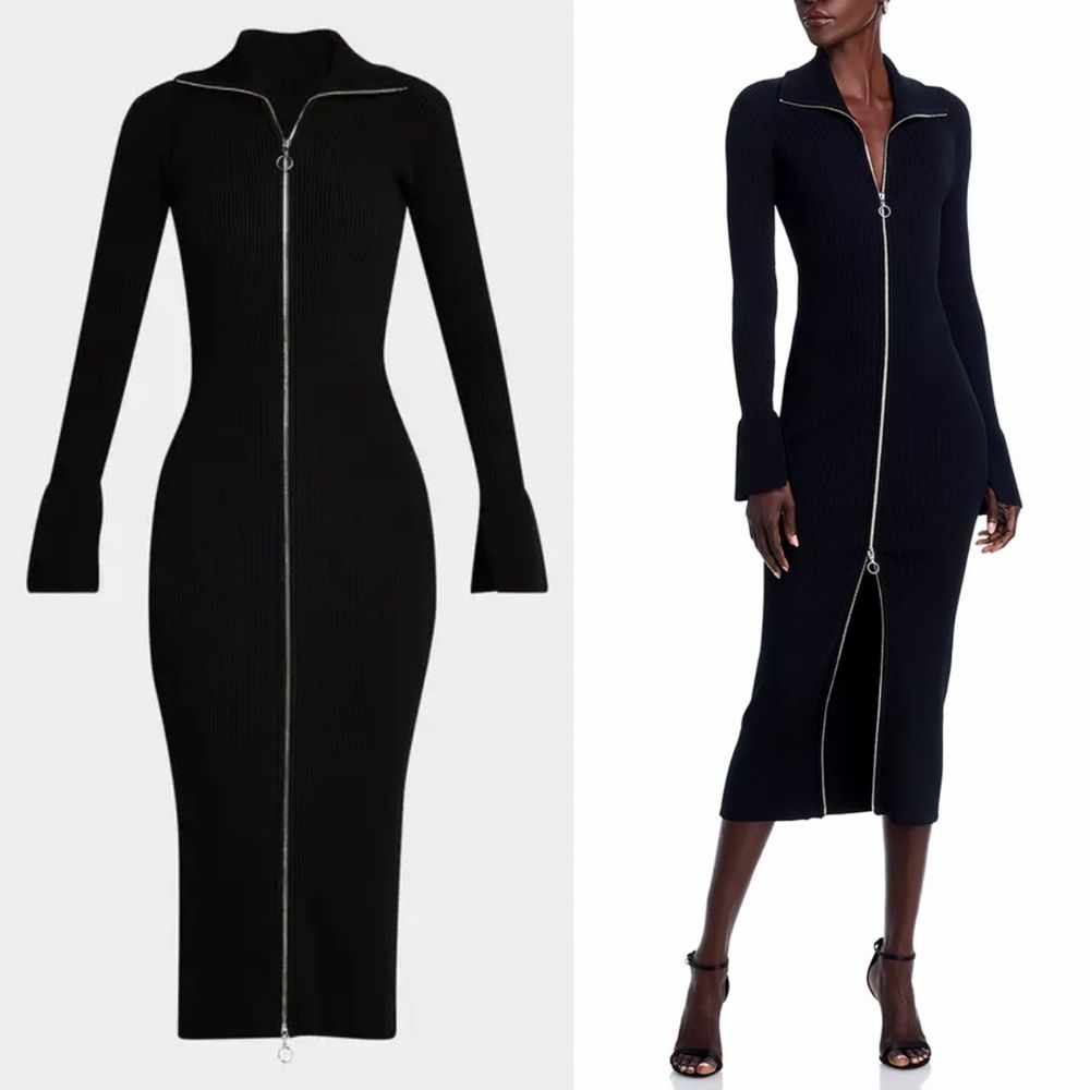 Generation Love Black Ribbed Zip-Front Midi Dress